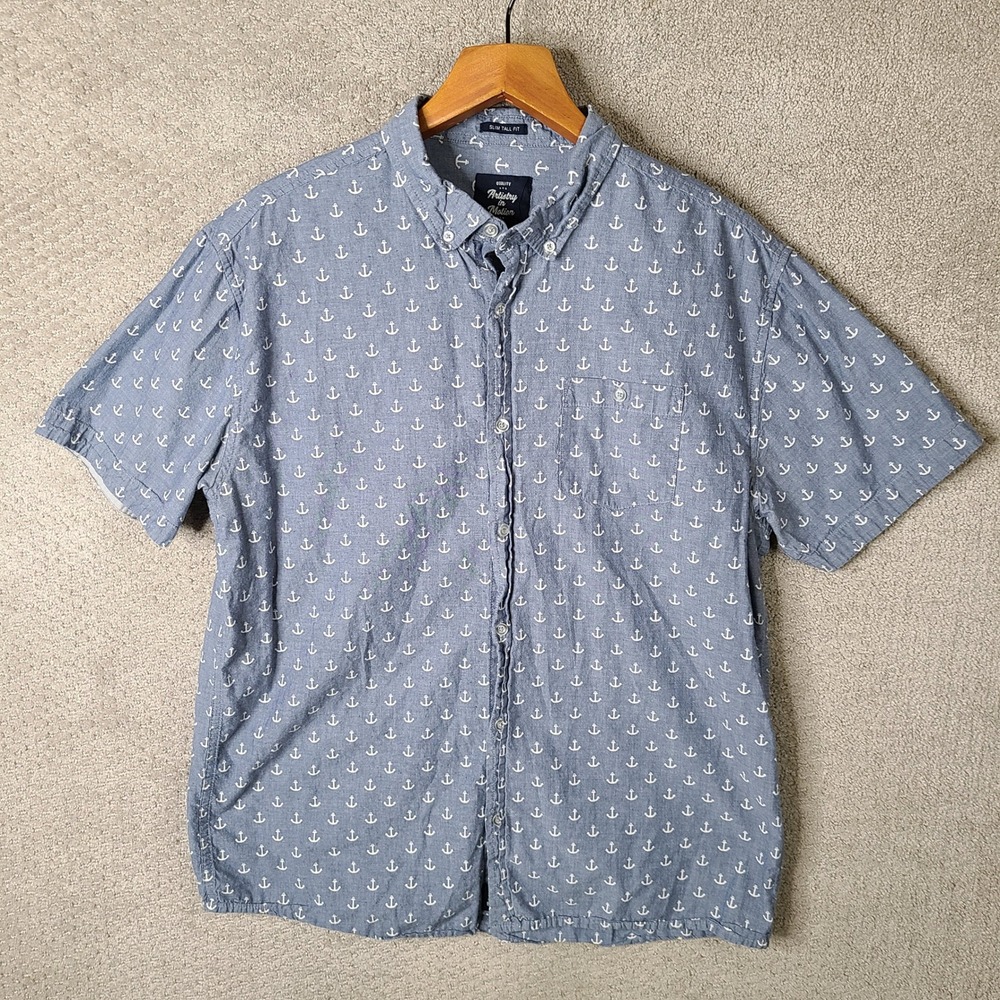 Artistry in Motion Shirt Mens XL Gray Slim Tall Fit Anchor Print‎ Button Down
